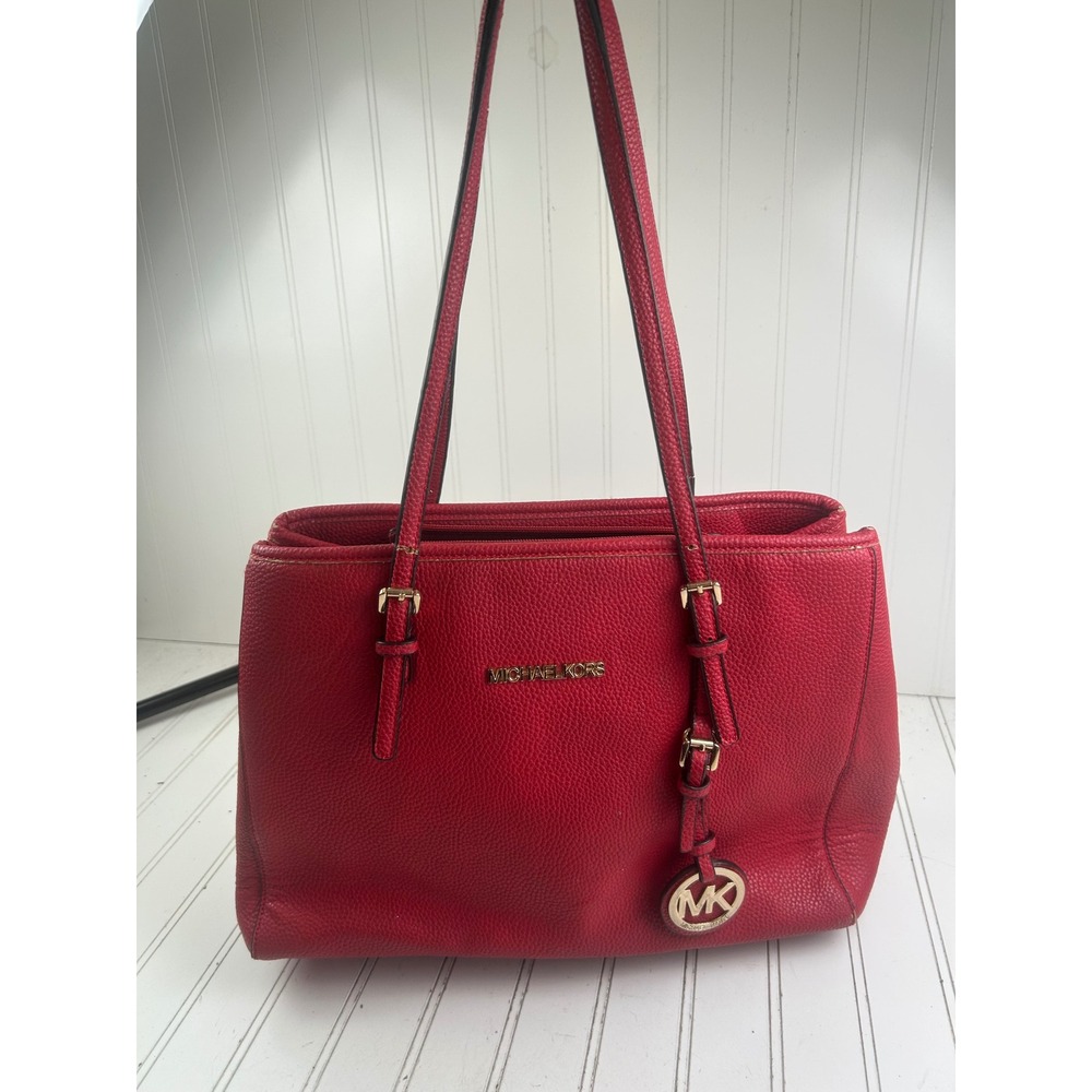Michael Kors Jet Set Travel Large Red Pebbled Leather East West Tote Bag - Picture 2 of 15